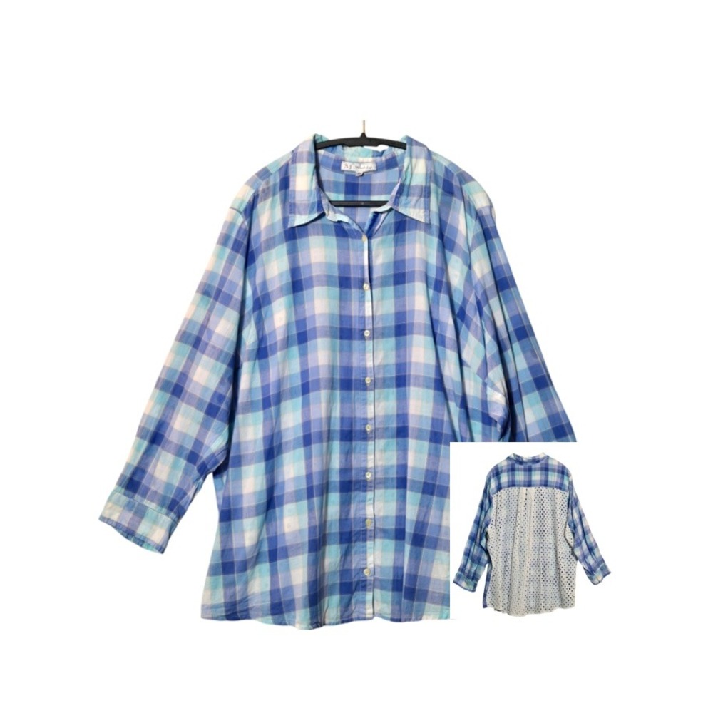 Johnny Was 3J Workshop Plaid Eyelet Lace Back Button Down Shirt Blue 3X Plus